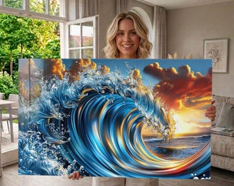 Cuadro de pared de vidrio templado con diseño abstracto de olas marinas y puesta de sol en la costa, extragrande. Envío gratuito.