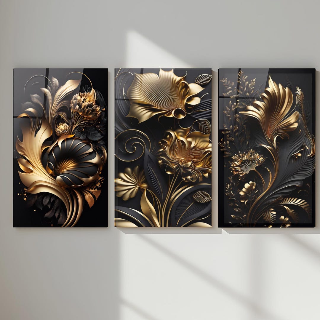 Black & Gold Floral Glass Wall Art - Elegant Triptych Set - Etsy