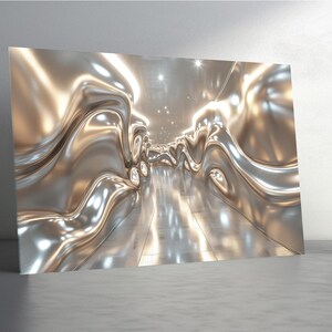 Könnte beinhalten: Abstrakte digitale Kunst, die einen metallischen, fließenden Innenraum darstellt. Das Bild zeigt einen Korridor mit wellenförmigen Wänden und einer reflektierenden, polierten Oberfläche. Die Farbpalette ist hauptsächlich Silber und Gold, mit subtilen Highlights.