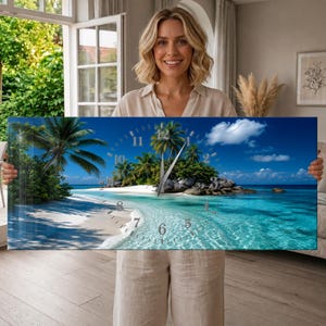 May include: A rectangular wall clock featuring a vibrant tropical beach scene with turquoise water, white sand, and lush palm trees. The clock face displays silver numerals and two thin silver hands overlaid on the coastal landscape image.
