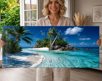 Reloj de pared de cristal templado con diseño de playa tropical, decoración de pared extragrande con temática oceánica.