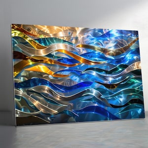 Tempered Glass Ocean Waves Wall Art – Blue Gold Coastal Decor