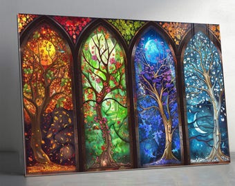 Tempered Glass Wall Art Four Seasons Extra Large Colorful Nature Window Design, Panoramic Wall Panel
