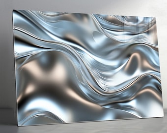 Metallic Silver Wave Tempered Glass Wall Art : Modern Abstract Decor