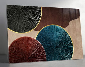 Muurkunst van gehard glas: 3D-decor met abstracte vezeltextuur, diep groenblauw roestbruin paneel