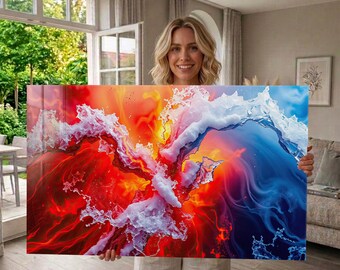 Cuadro de vidrio templado para pared, arte abstracto de fuego y agua, ondas fluidas azul y dorado, decoración moderna de lujo, cuadro de pared extragrande