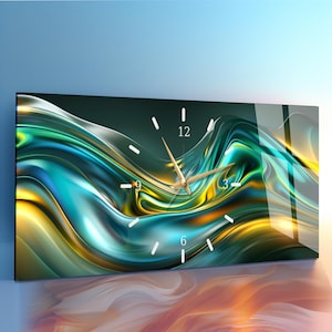 May include: Rectangular wall clock with a vibrant abstract design in shades of teal, gold, and green. The clock face features white hour markers and gold-colored hands. The overall design has a modern and artistic aesthetic.