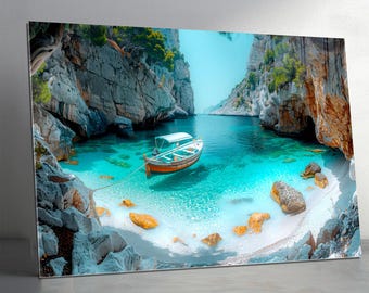Arte mural costero de vidrio templado, paisaje marino turquesa con vista panorámica al océano.