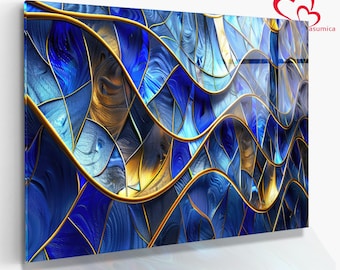 Abstract Tempered Glass Wall Art, Blue Gold Waves, Modern Decor