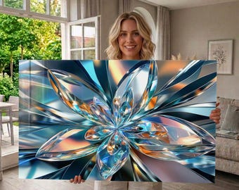 Cuadro de pared de vidrio templado con flor de loto de cristal azul abstracto, diseño floral de piedras preciosas de lujo, decoración de pared moderna con reflejo de espejo brillante.