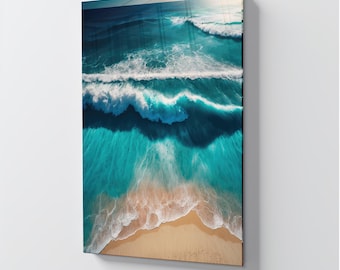 Tempered Glass Wall Art Ocean Waves, Coastal Sea Wall Decor, Turquoise Blue Beach Art Panel, Extra Large Modern Wall Art