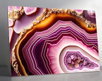 Arte de parede em vidro temperado com cristal de ágata roxa, geodo de mármore dourado