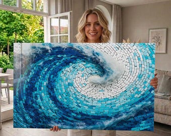 Cuadro de pared de vidrio templado con diseño de olas marinas, panel costero de mosaico, cuadro de pared extragrande con aspecto de vidriera, decoración de pared panorámica.