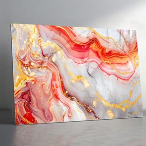 Orange Gold Marble Tempered glass wall art Abstract, Extra Large Glass Wall Art,Gold Glass Backsplash,Panoramic Wall Art,Stained Glass Panel
