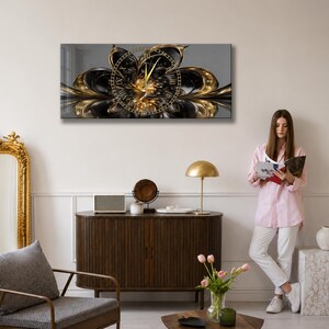 Tempered Glass Wall Clock Black Gold Flower, Luxury Abstract Floral Reflection Glass Extra Large Wall Decor