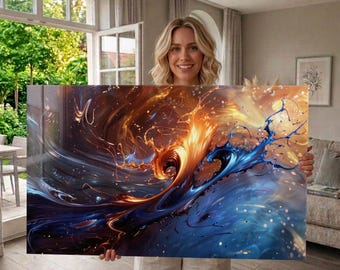 Cuadro de vidrio templado para pared, arte abstracto de fuego y agua, ondas fluidas azul y dorado, decoración moderna de lujo, cuadro de pared extragrande