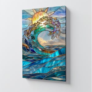 May include: Stained glass artwork showing a wave breaking beneath a bright sun. The piece uses blues, greens, and golds to create a dynamic ocean scene. The sun's rays and the wave's shape are intricately detailed, creating a beautiful piece of art.
