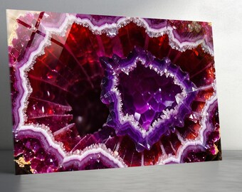 Arte de parede em vidro temperado com cristal geode roxo, impressão de pedra preciosa de luxo, arte marcante inspirada na ametista, arte de parede extragrande, presente de boas-vindas