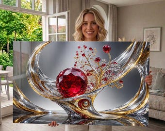 Arte de pared en vidrio templado, abstracto de cristal de rubí rojo, decoración de pared de piedras preciosas de lujo, obra de arte de joyería de oro y plata, arte de pared extragrande