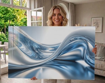 Arte mural de vidrio templado: Agua abstracta, obra de arte con salpicaduras de cromo líquido azul, decoración costera moderna, arte mural de lujo inspirado en el océano.