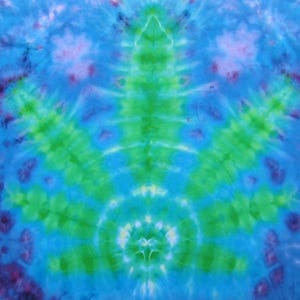 May include: Abstract tie-dye pattern in shades of blue, green, and purple. The design features a symmetrical arrangement with a central green element and radiating blue patterns, creating a psychedelic effect. The colors blend and swirl, forming a unique visual texture.