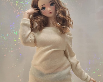 Smartdoll Pear Dress Off Shoulder Knit Short Sweater Dress in Cream Sparkle with Leg Warmers