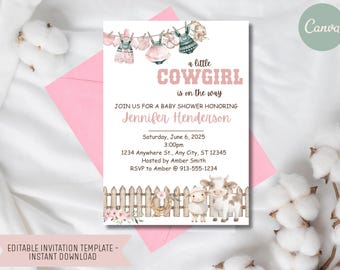 Cowgirl Baby Shower Invitation – Editable 5x7 Canva Template, Western Theme, Digital Download, Rustic Country Baby Shower Invite