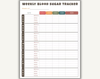 Weekly Blood Sugar Tracker – Diabetic Food List & Chart, Low Carb Meal Log, Printable Diabetes Meal Plan, Prediabetic Diet Tool