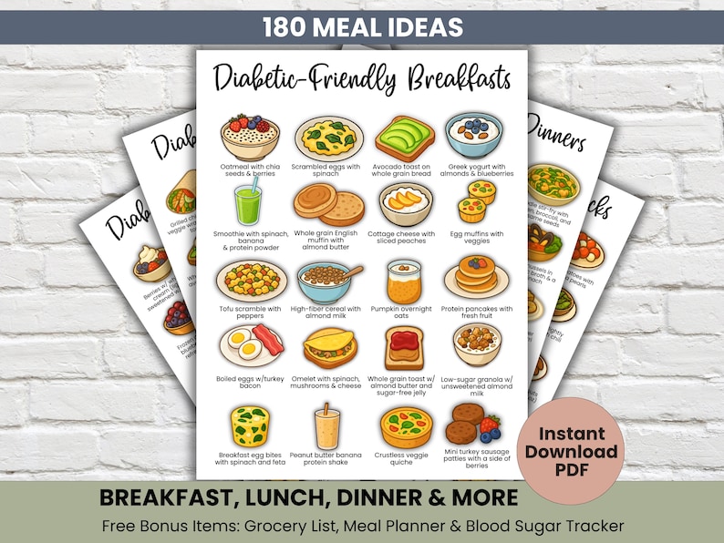 Diabetic meal plan printable with 180 meal ideas for breakfast, lunch, dinner, and snacks. Includes diabetic-friendly food list with prediabetes support, type 2 diabetes diet guide, high fiber chart, and low carb meal planning. Instant download PDF with grocery list, blood sugar tracker, and diabetic diet planner.