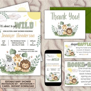 Safari Baby Shower Invitation Bundle Boy | Zestaw na Babyshower Jungle Animals | Dekoracja Safari Greenery | Wild One Baby Shower | Dekoracja Safari