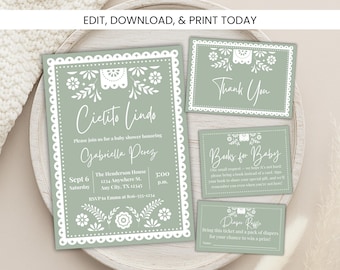 Faire-part de babyshower Cielito Lindo, invitation de babyshower mexicaine, Papel Picado, Talavera, thème Fiesta, toile modifiable temporaire, Bautizo BS202