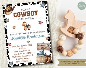 Cowboy Baby Shower Invitation: Western Theme, Editable Canva Template (Digital Download