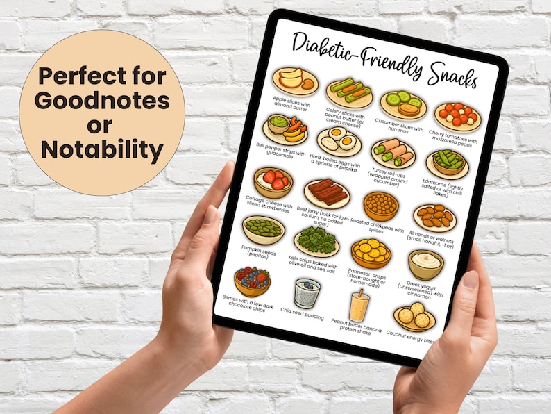 Digital diabetic-friendly snacks chart displayed on tablet, ideal for Goodnotes or Notability. Includes low carb snack ideas such as apple slices with almond butter, cottage cheese, nuts, seeds, and Greek yogurt. Great tool for prediabetes support, type 2 diabetes food list, and gestational diabetes meal planning.