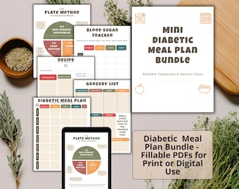 Diabetic Meal Plan Bundle – Printable & Digital Planner for Diabetes | Weekly Menu, Food List, Blood Sugar Log, Grocery Chart and More