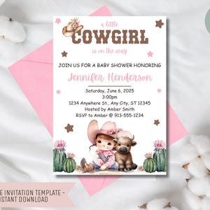Cowgirl Baby Shower Invitation – Editable 5x7 Canva Template, Western Theme, Digital Download, Rustic Country Baby Shower Invite