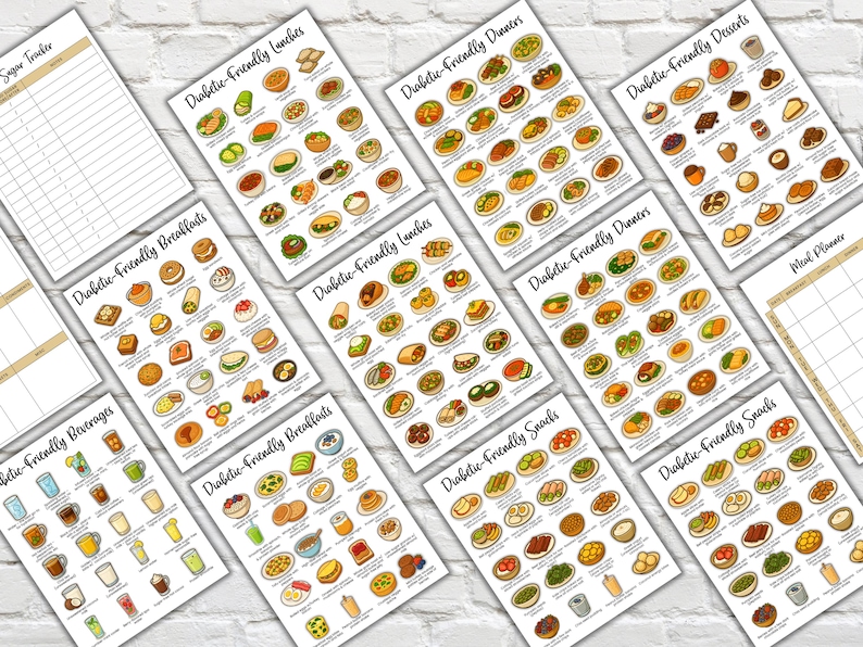 Printable diabetic meal plan and food chart bundle featuring 180 meal ideas: breakfasts, lunches, dinners, snacks, beverages, and desserts. Includes diabetic food list, low carb meal guide, high fiber chart, and symptom tracker pages. Perfect for type 2 diabetes, prediabetes support, and gestational diabetes diet planning. Editable meal planner and blood sugar tracker included.
