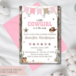 Cowgirl Baby Shower Invitation – Editable 5x7 Canva Template, Western Theme, Digital Download, Rustic Country Baby Shower Invite