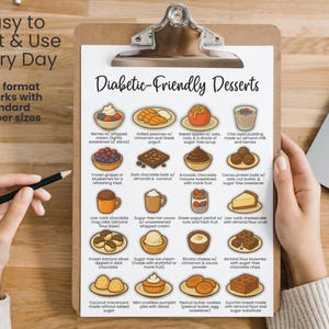 Printable diabetic-friendly desserts chart on clipboard. Includes low-carb and sugar-free options like chia seed pudding, avocado chocolate mousse, cheesecake with almond flour crust, and dark chocolate. Perfect for diabetic diet list, gestational diabetes meal planning, and daily diabetes food list tracking.