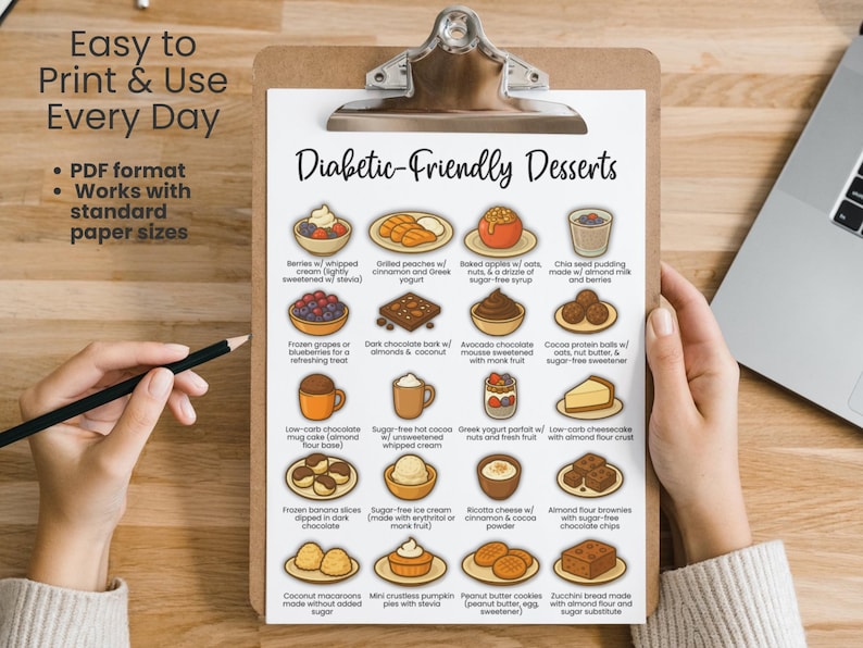 Printable diabetic-friendly desserts chart on clipboard. Includes low-carb and sugar-free options like chia seed pudding, avocado chocolate mousse, cheesecake with almond flour crust, and dark chocolate. Perfect for diabetic diet list, gestational diabetes meal planning, and daily diabetes food list tracking.