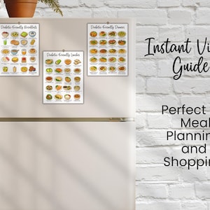 Diabetic meal planning charts displayed on refrigerator. Includes diabetic-friendly breakfasts, lunches, and dinners for prediabetes support, type 2 diabetes diet, and gestational diabetes meal guide. Printable instant visual food list for shopping and meal prep.