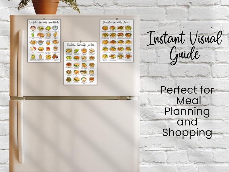 Diabetic meal planning charts displayed on refrigerator. Includes diabetic-friendly breakfasts, lunches, and dinners for prediabetes support, type 2 diabetes diet, and gestational diabetes meal guide. Printable instant visual food list for shopping and meal prep.