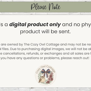 Digital product notice card for Cozy Owl Cottage. States that the diabetic food charts are digital downloads only with no physical item shipped. Refunds and exchanges not available.