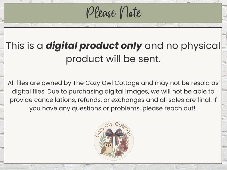Digital product notice card for Cozy Owl Cottage. States that the diabetic food charts are digital downloads only with no physical item shipped. Refunds and exchanges not available.