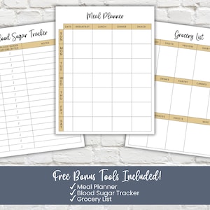 Printable diabetes management tools including weekly meal planner, blood sugar tracker, and grocery list. Perfect companion for diabetic diet list, diabetes food list, and low carb meal planning. Helps organize type 2 diabetes meals, track glucose levels, and plan shopping for prediabetes, gestational diabetes, or diabetic-friendly diets.