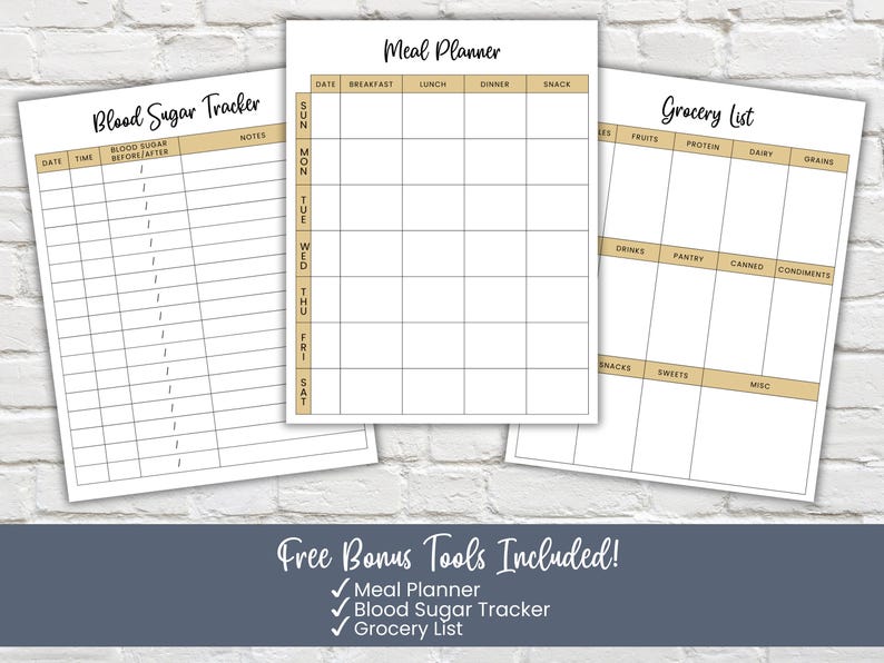 Printable diabetes management tools including weekly meal planner, blood sugar tracker, and grocery list. Perfect companion for diabetic diet list, diabetes food list, and low carb meal planning. Helps organize type 2 diabetes meals, track glucose levels, and plan shopping for prediabetes, gestational diabetes, or diabetic-friendly diets.