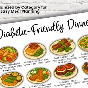 Close-up of diabetic-friendly dinners chart organized by category. Features illustrated low-carb meals like chicken fajita bowl, swordfish with tomato relish, beef kebabs, zoodle stir-fry, and portobello caps. Printable gestational diabetes meal plan and food chart.