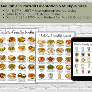 Diabetes meal guide with printable diabetic-friendly lunches, snacks, and beverages. Includes low carb food list, high fiber snacks, and healthy drink options for type 2 diabetes, gestational diabetes, and prediabetes support. Available in A4, Letter, and digital sizes for iPad and Goodnotes. Diabetic food list with balanced meals and symptom tracker add-on.