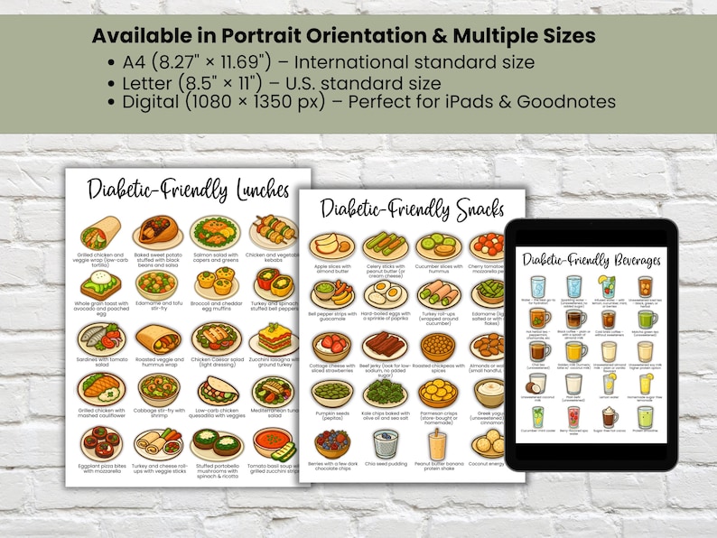 Diabetes meal guide with printable diabetic-friendly lunches, snacks, and beverages. Includes low carb food list, high fiber snacks, and healthy drink options for type 2 diabetes, gestational diabetes, and prediabetes support. Available in A4, Letter, and digital sizes for iPad and Goodnotes. Diabetic food list with balanced meals and symptom tracker add-on.