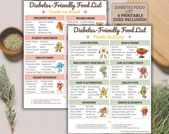 Diabetes Food List and Chart – Prediabetic and Type 1 and Type 2 Diabetic Meal Plan, Menu, Diet Plan, Low Carb Foods, Printable Download