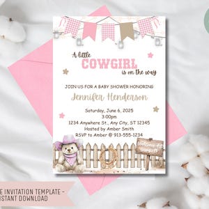 Cowgirl Baby Shower Invitation – Editable 5x7 Canva Template, Western Theme, Digital Download, Rustic Country Baby Shower Invite